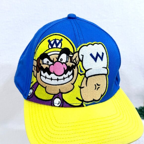 Super Mario Wario Snapback Hat Blue & Yellow Adjustable Flat Bill - Picture 3 of 10